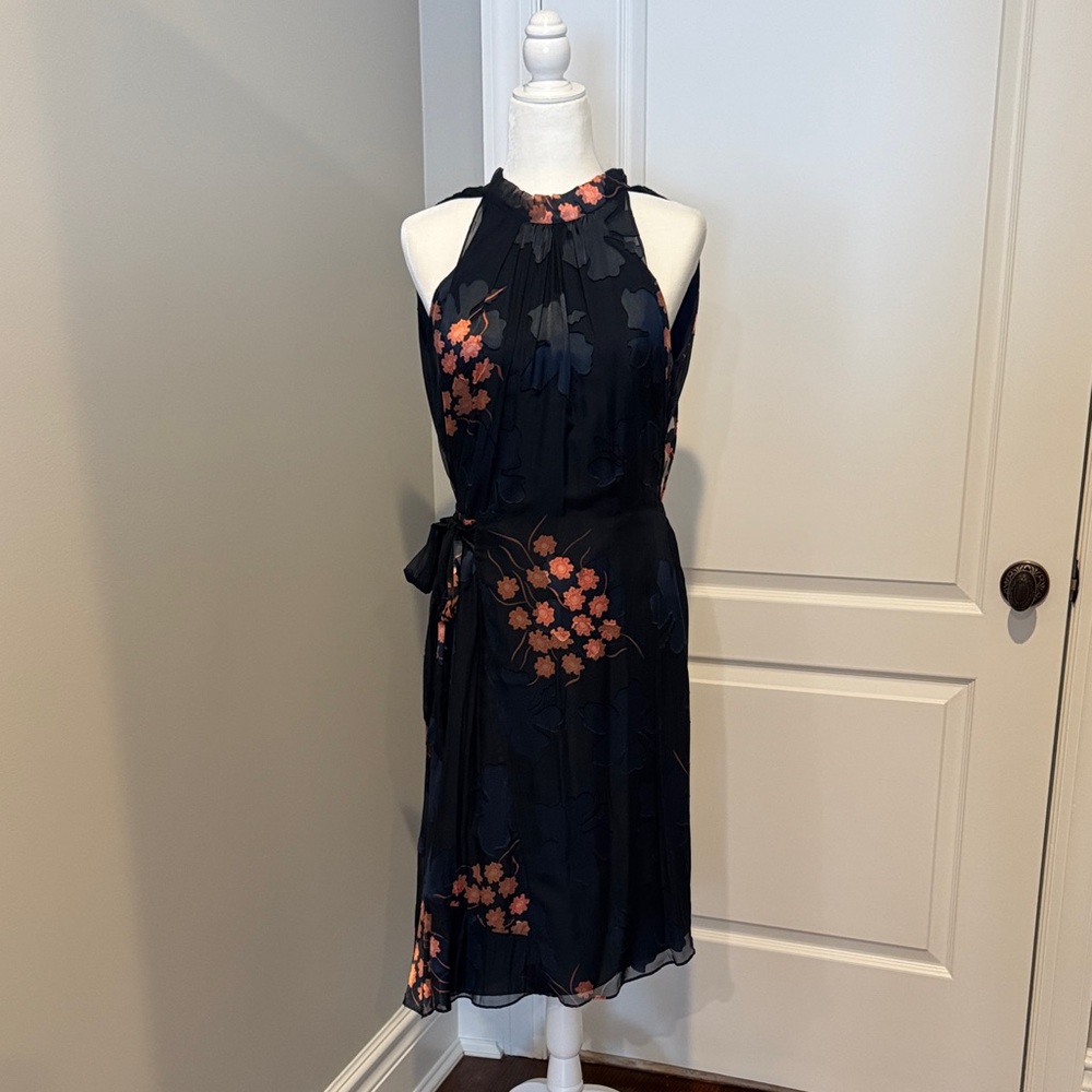 Reiss Navy and Coral Floral Midi Dress